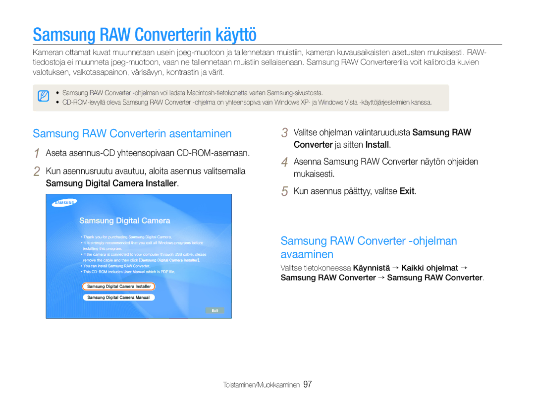 Samsung EC-EX1ZZZBPBE2, EC-EX1ZZZFPBE2 manual Samsung RAW Converterin käyttö, Samsung RAW Converterin asentaminen 