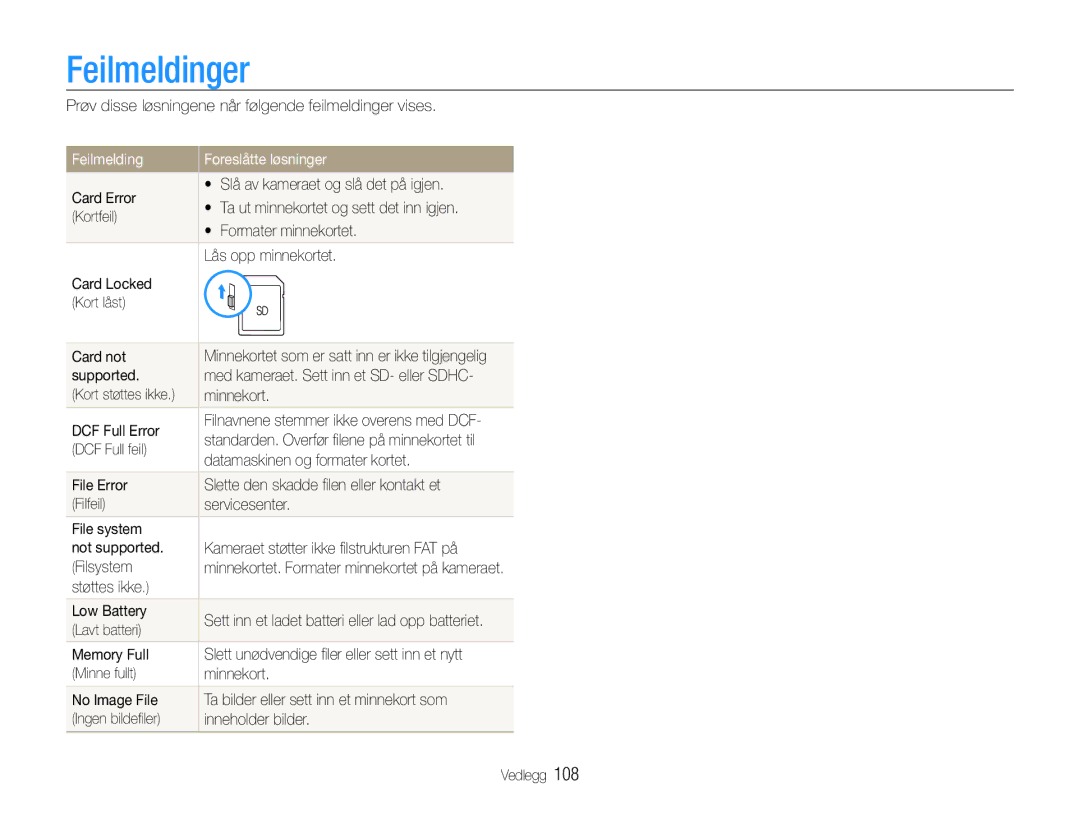 Samsung EC-EX1ZZZFPBE2, EC-EX1ZZZBPBE2 manual Feilmeldinger, Feilmelding Foreslåtte løsninger 