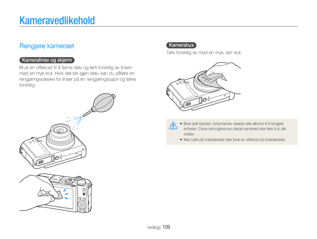 Samsung EC-EX1ZZZBPBE2, EC-EX1ZZZFPBE2 manual Kameravedlikehold, Rengjøre kameraet, Kamerahus, Kameralinse og skjerm 