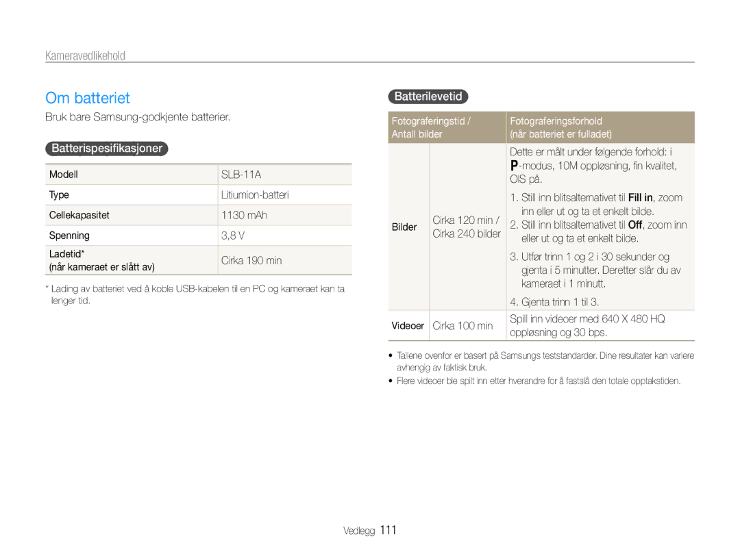 Samsung EC-EX1ZZZBPBE2, EC-EX1ZZZFPBE2 manual Om batteriet, Batterispesiﬁkasjoner, Batterilevetid 