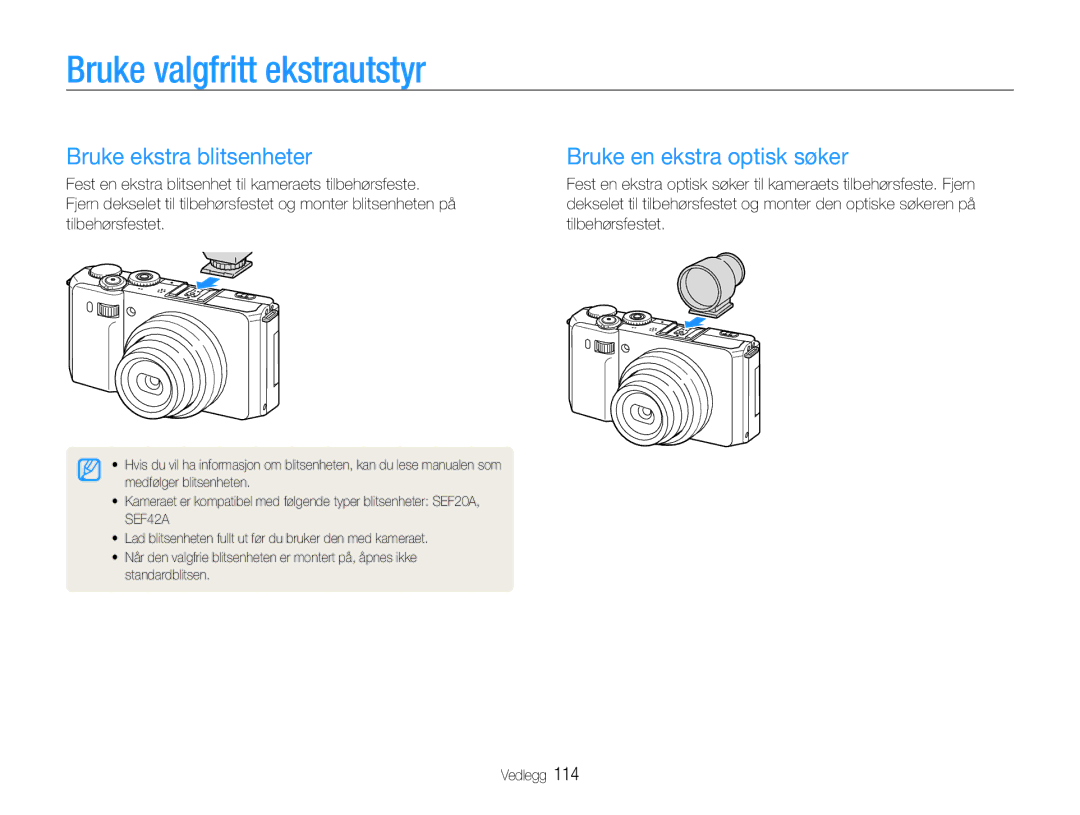 Samsung EC-EX1ZZZFPBE2 manual Bruke valgfritt ekstrautstyr, Bruke ekstra blitsenheter, Bruke en ekstra optisk søker 