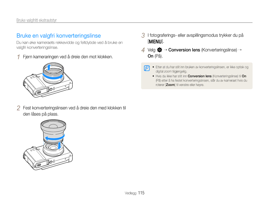 Samsung EC-EX1ZZZBPBE2, EC-EX1ZZZFPBE2 manual Bruke en valgfri konverteringslinse, Bruke valgfritt ekstrautstyr 