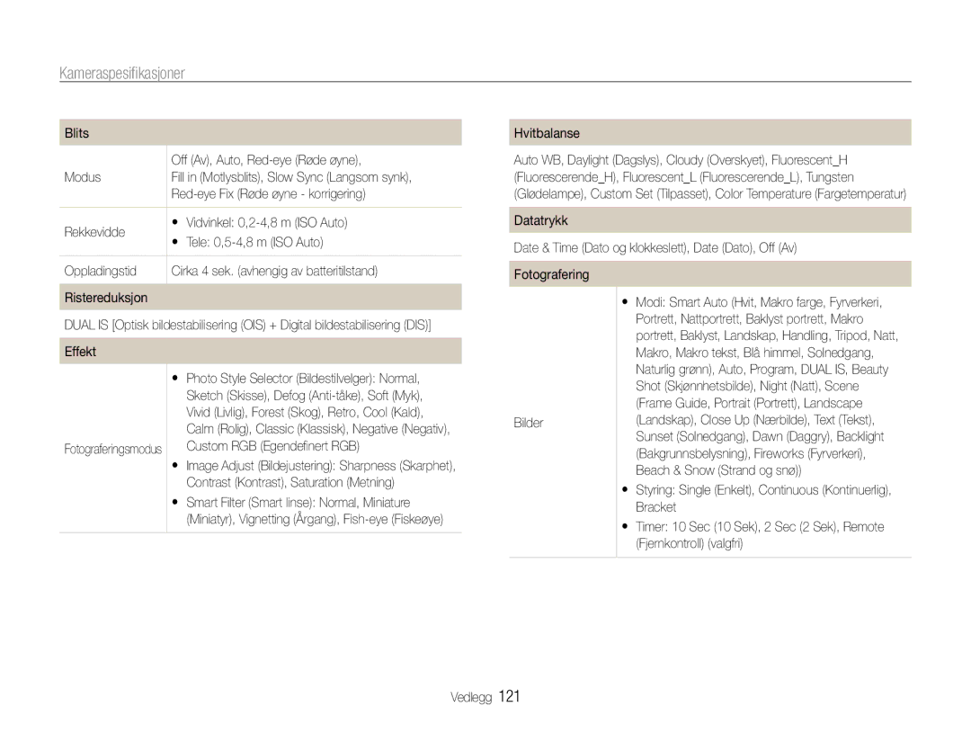 Samsung EC-EX1ZZZBPBE2, EC-EX1ZZZFPBE2 manual Kameraspesiﬁkasjoner 