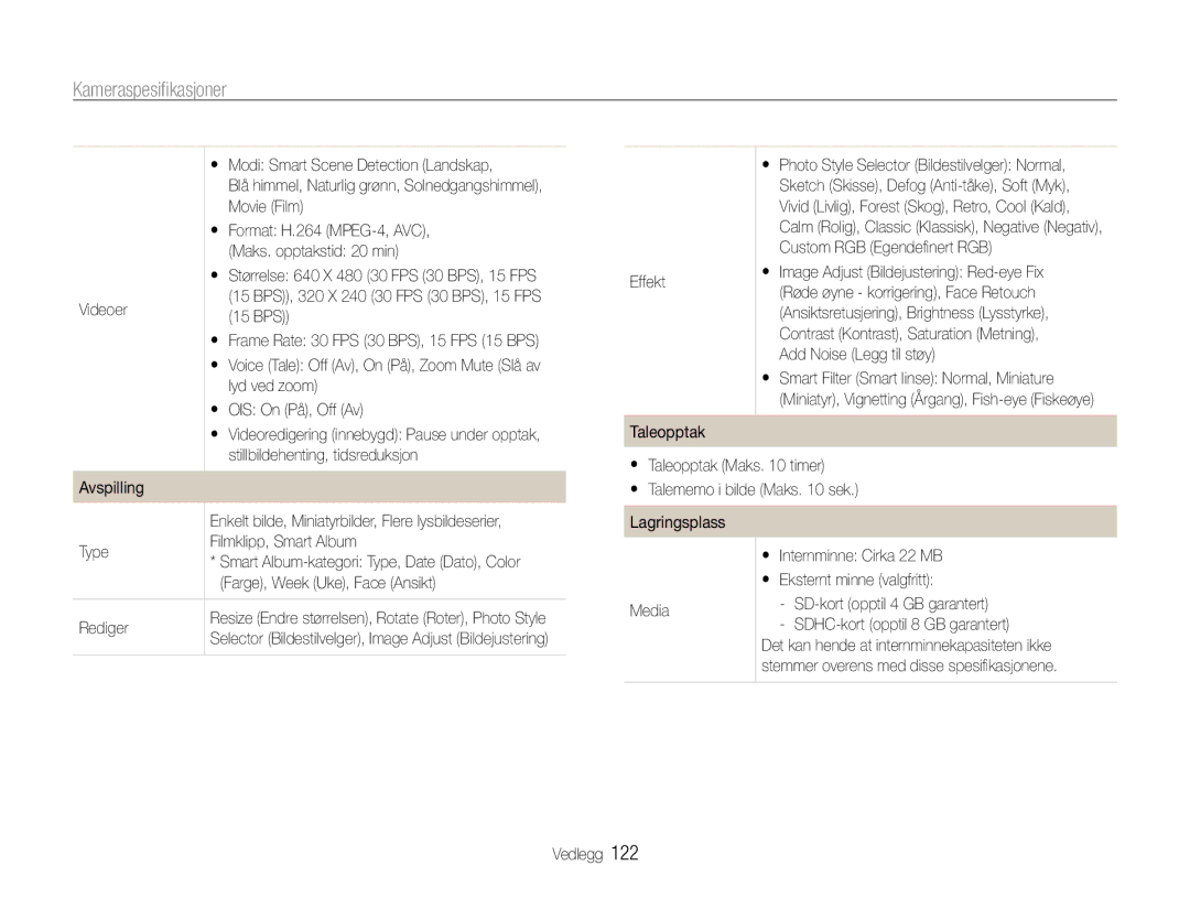 Samsung EC-EX1ZZZFPBE2  Modi Smart Scene Detection Landskap,  Format H.264 MPEG-4, AVC, Maks. opptakstid 20 min, Videoer 