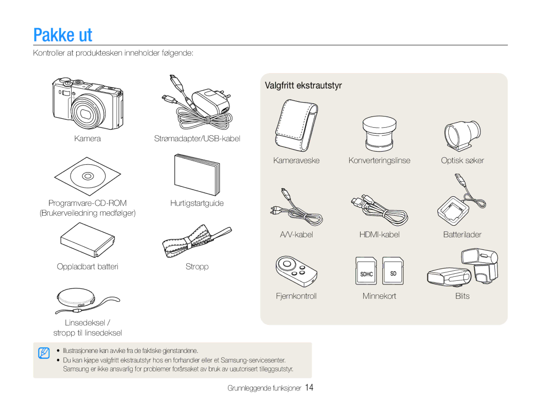 Samsung EC-EX1ZZZFPBE2, EC-EX1ZZZBPBE2 manual Pakke ut, Valgfritt ekstrautstyr 