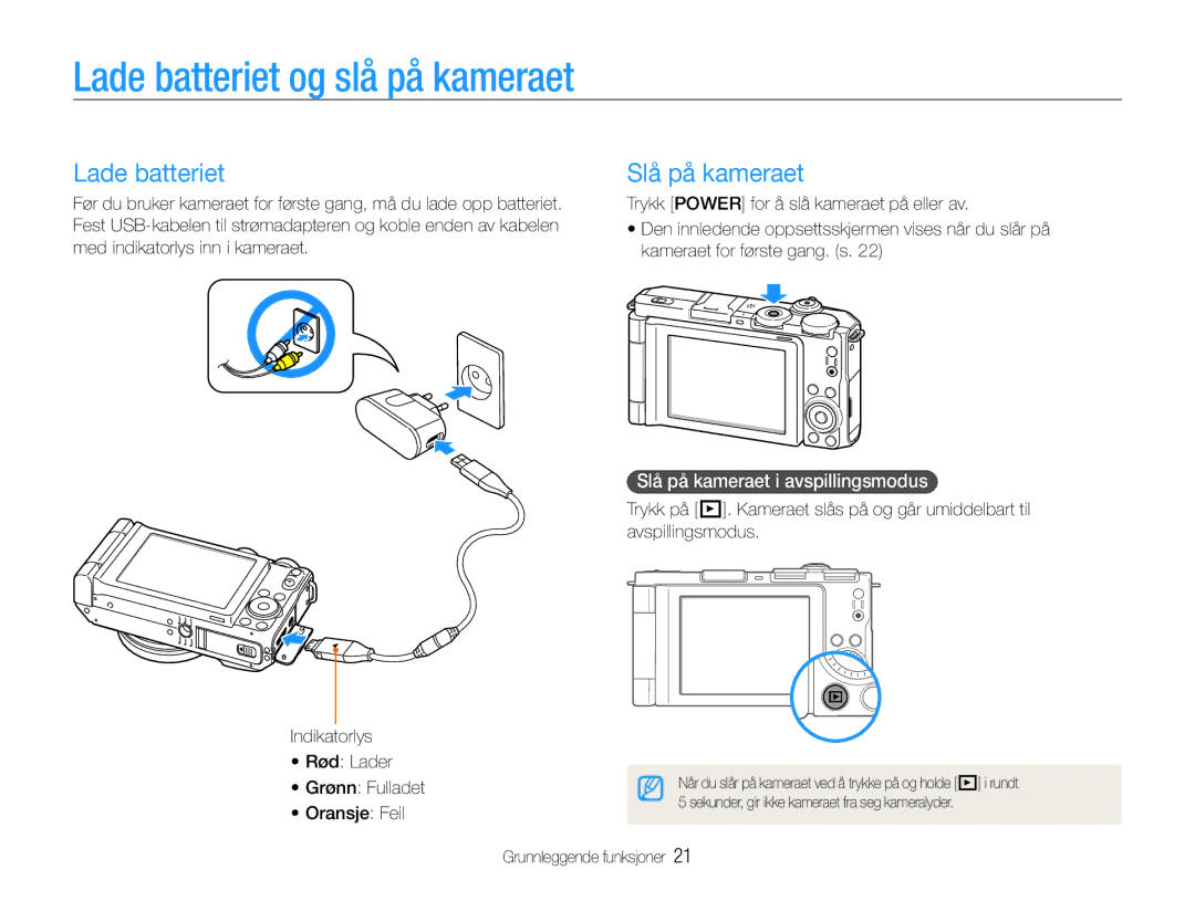 Samsung EC-EX1ZZZBPBE2, EC-EX1ZZZFPBE2 manual Lade batteriet og slå på kameraet, Slå på kameraet i avspillingsmodus 