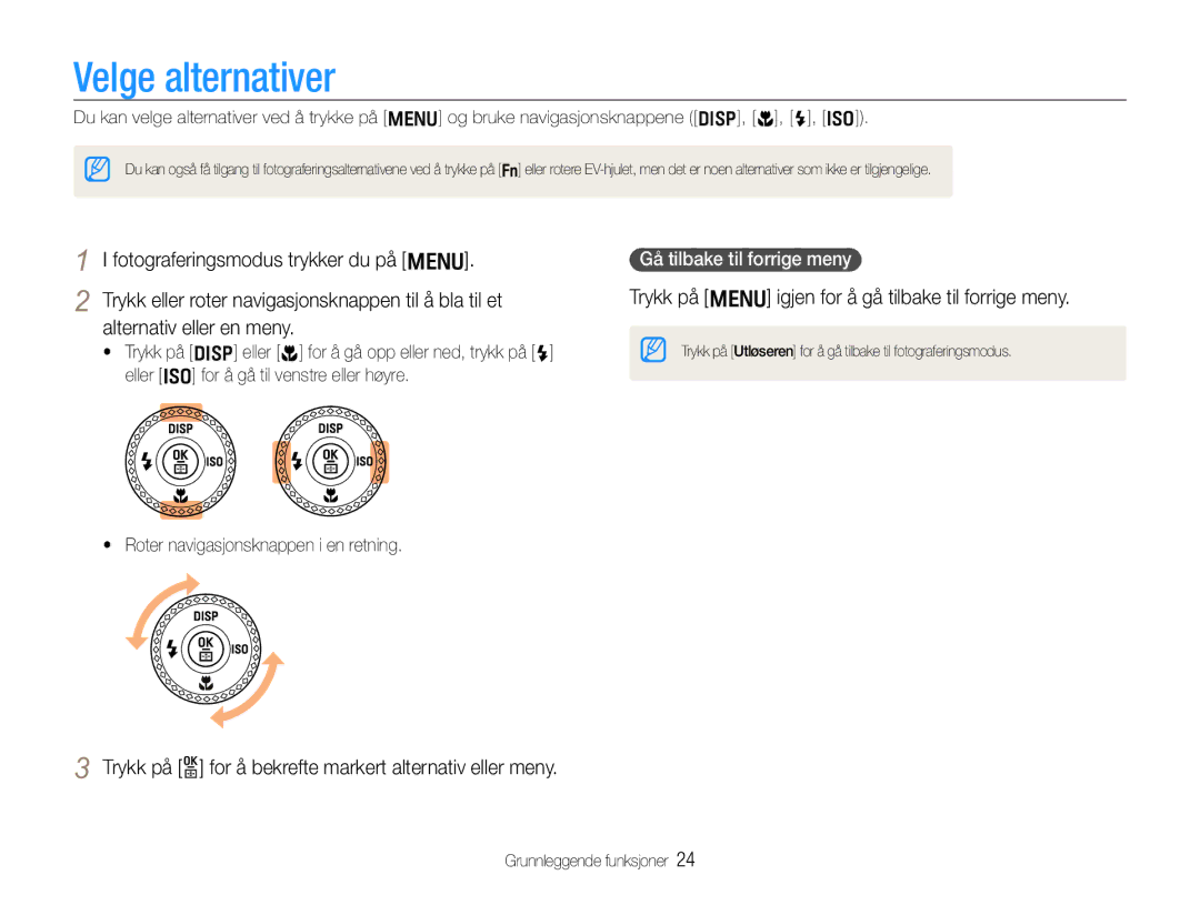 Samsung EC-EX1ZZZFPBE2, EC-EX1ZZZBPBE2 Velge alternativer, Fotograferingsmodus trykker du på m, Alternativ eller en meny 