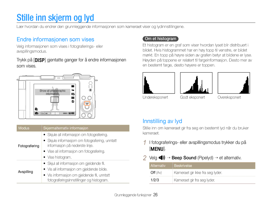 Samsung EC-EX1ZZZFPBE2 manual Stille inn skjerm og lyd, Endre informasjonen som vises, Innstilling av lyd, Om et histogram 