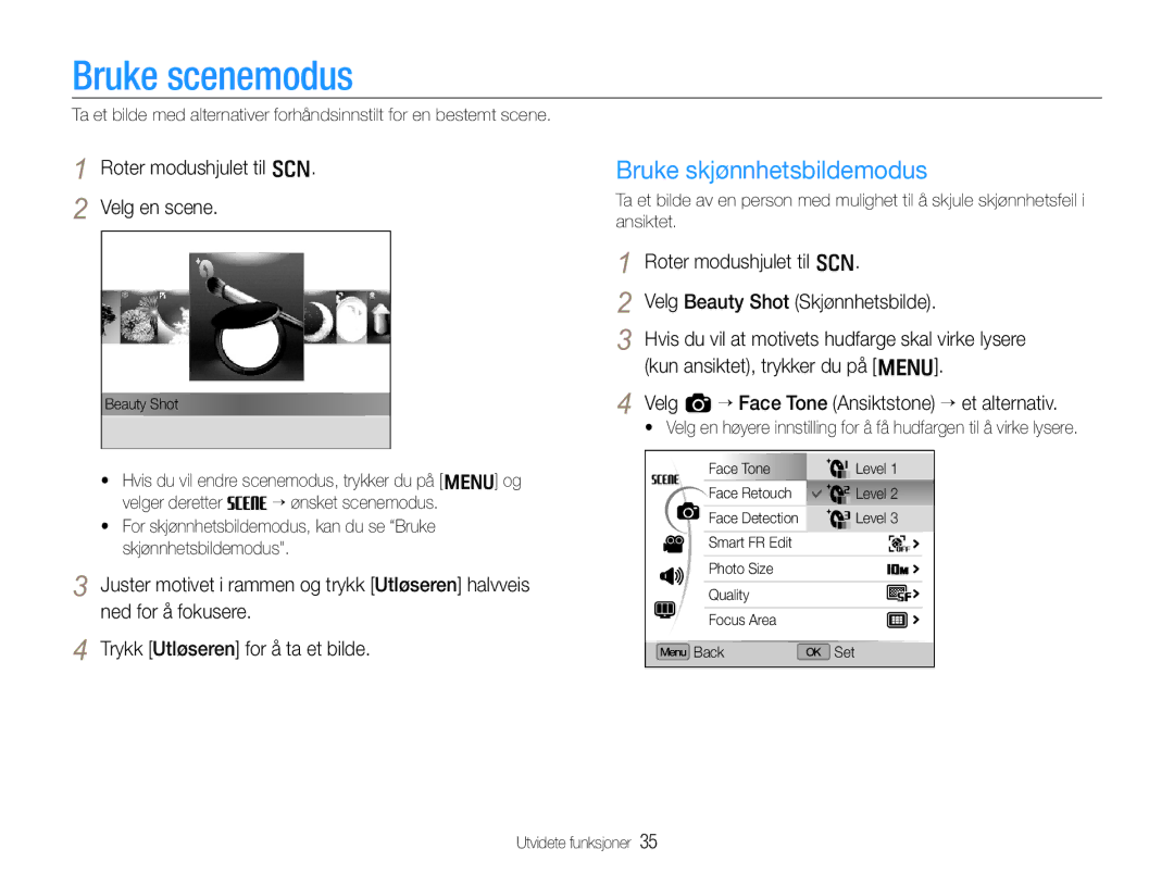 Samsung EC-EX1ZZZBPBE2, EC-EX1ZZZFPBE2 Bruke scenemodus, Bruke skjønnhetsbildemodus, Roter modushjulet til s Velg en scene 