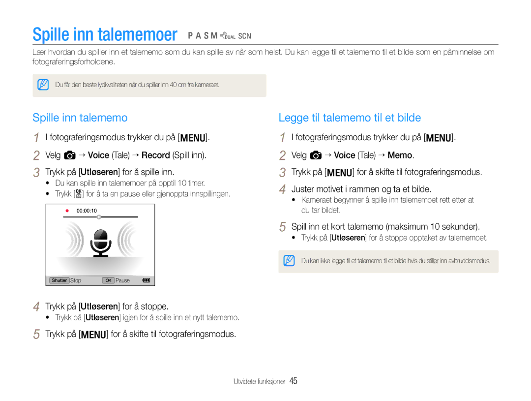 Samsung EC-EX1ZZZBPBE2, EC-EX1ZZZFPBE2 manual Spille inn talememoer p a S M d s, Legge til talememo til et bilde 