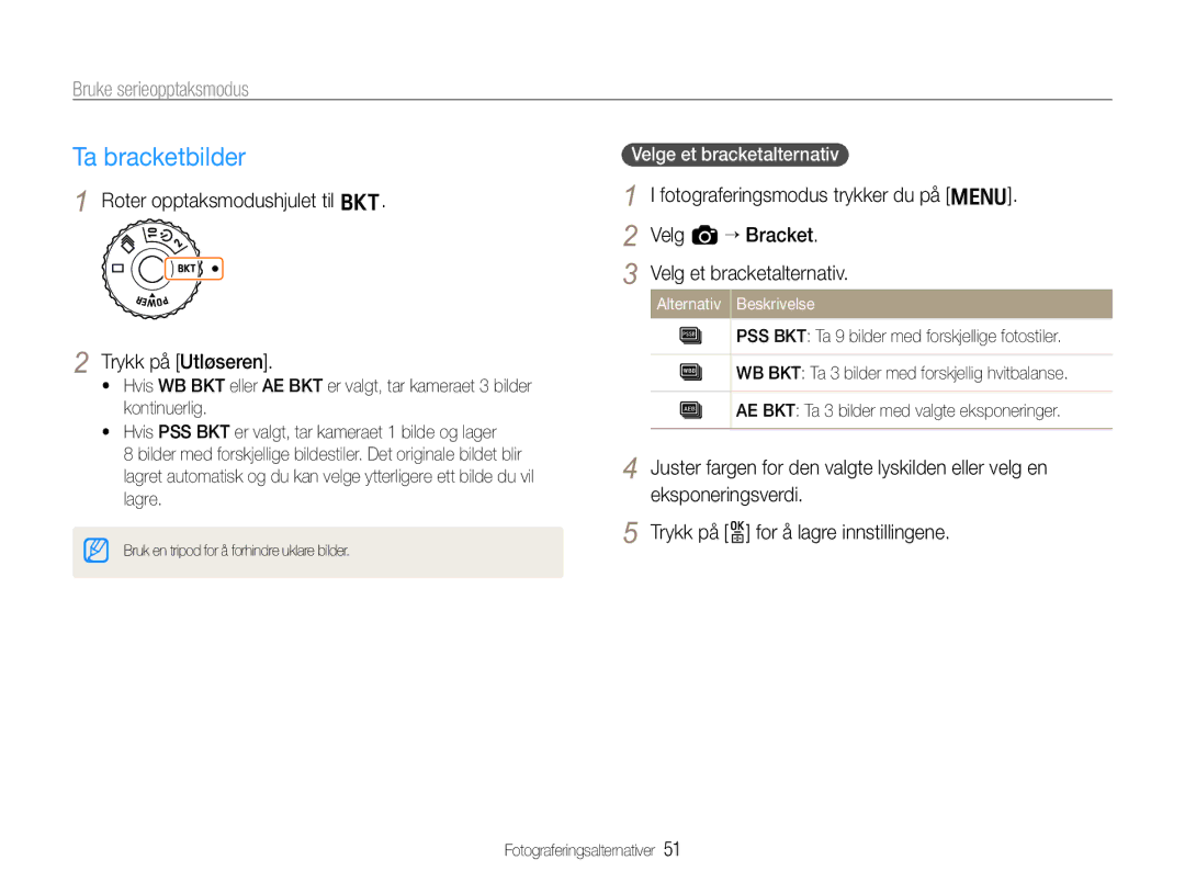 Samsung EC-EX1ZZZBPBE2, EC-EX1ZZZFPBE2 manual Ta bracketbilder, Bruke serieopptaksmodus 