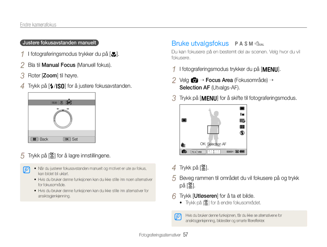 Samsung EC-EX1ZZZBPBE2, EC-EX1ZZZFPBE2 Bruke utvalgsfokus p a S M d, Endre kamerafokus, Justere fokusavstanden manuelt 