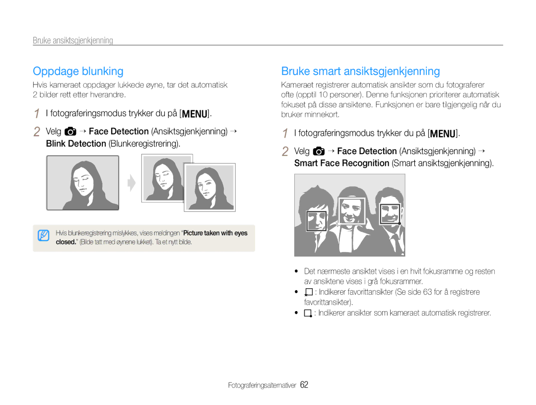 Samsung EC-EX1ZZZFPBE2, EC-EX1ZZZBPBE2 manual Oppdage blunking, Bruke smart ansiktsgjenkjenning 