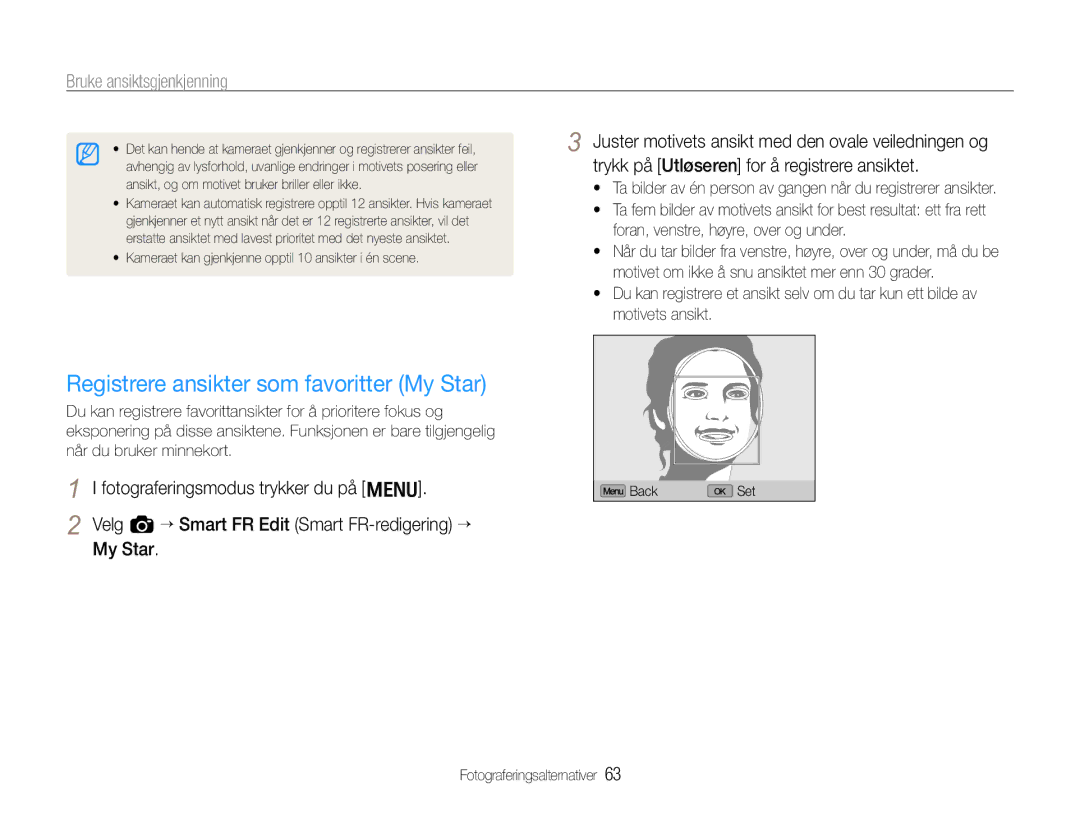 Samsung EC-EX1ZZZBPBE2 Registrere ansikter som favoritter My Star, Velg a “ Smart FR Edit Smart FR-redigering “ My Star 