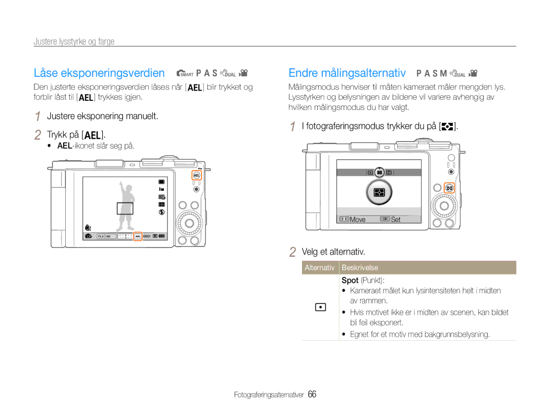 Samsung EC-EX1ZZZFPBE2 Låse eksponeringsverdien t p a S d, Endre målingsalternativ p a S M d, Justere lysstyrke og farge 