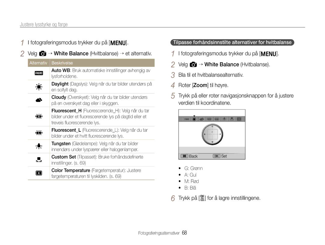 Samsung EC-EX1ZZZFPBE2 manual Tilpasse forhåndsinnstilte alternativer for hvitbalanse,  G Grønn  a Gul  M Rød  B Blå 