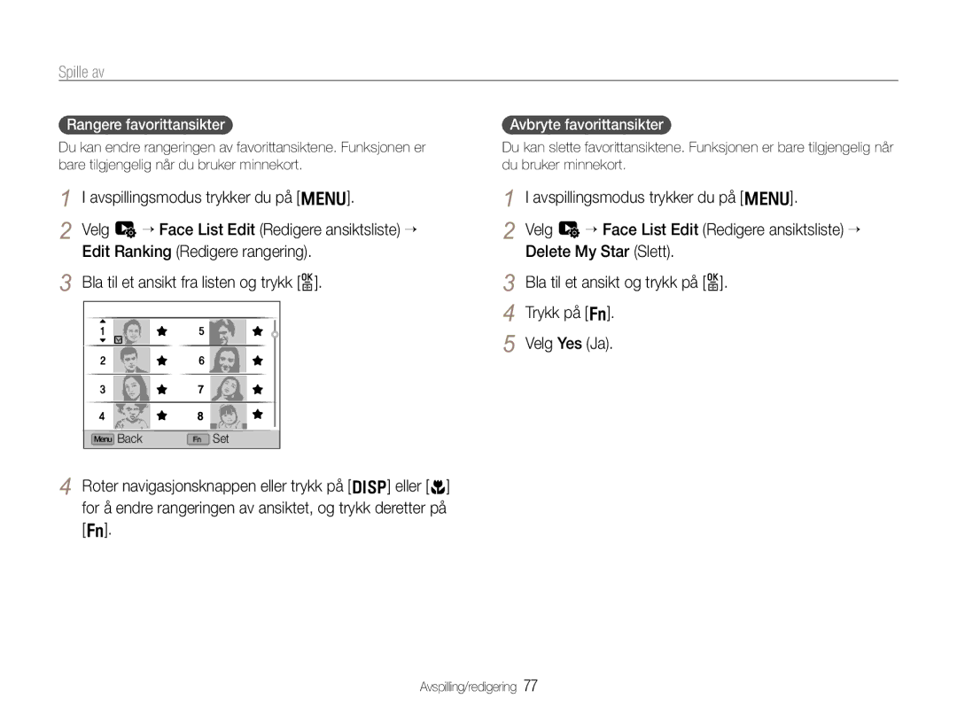 Samsung EC-EX1ZZZBPBE2, EC-EX1ZZZFPBE2 manual Spille av, Rangere favorittansikter, Avbryte favorittansikter 