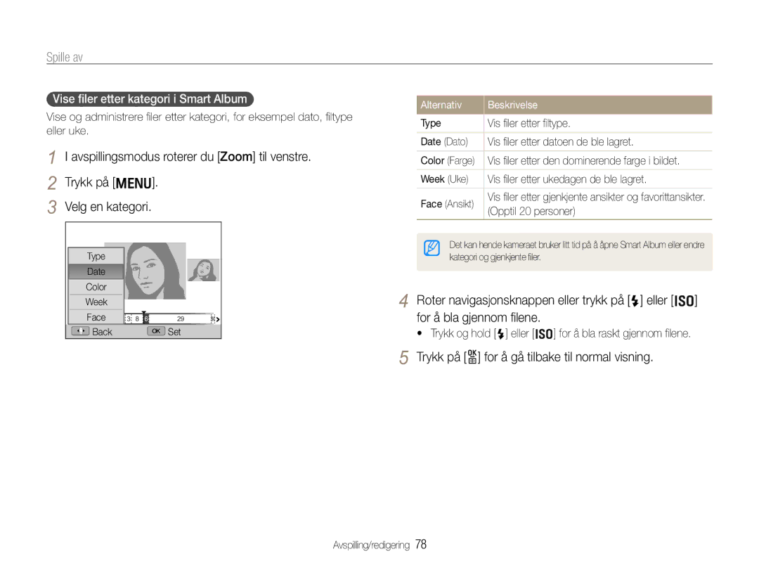 Samsung EC-EX1ZZZFPBE2, EC-EX1ZZZBPBE2 manual For å bla gjennom ﬁlene, Trykk på o for å gå tilbake til normal visning 