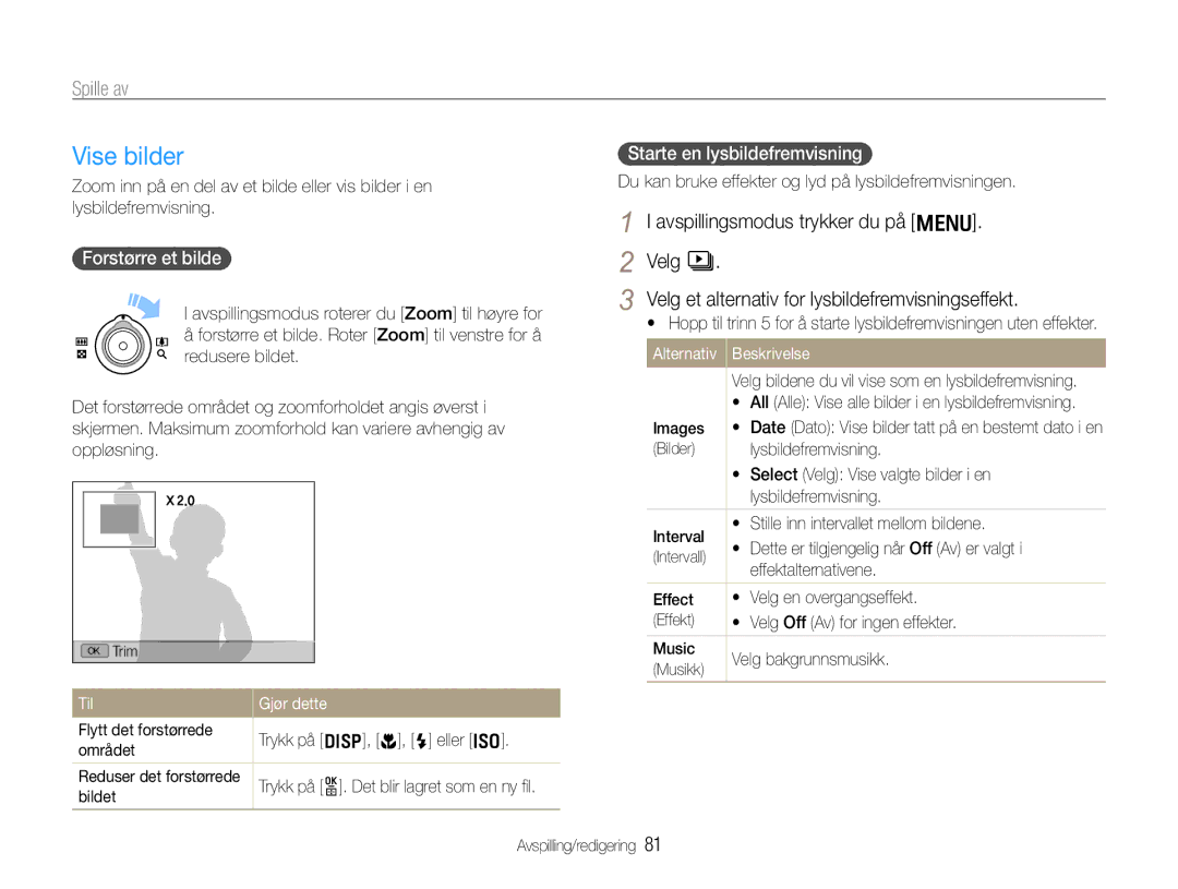 Samsung EC-EX1ZZZBPBE2 manual Vise bilder, Velg l Velg et alternativ for lysbildefremvisningseffekt, Forstørre et bilde 
