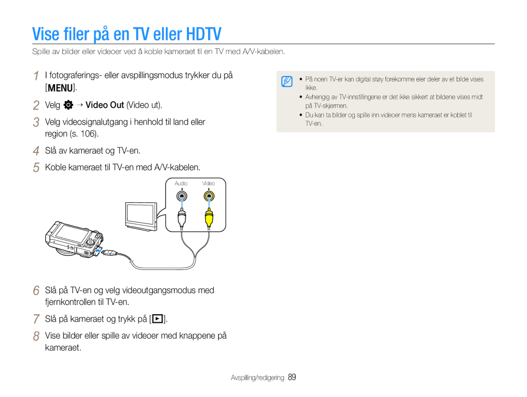 Samsung EC-EX1ZZZBPBE2, EC-EX1ZZZFPBE2 Vise ﬁler på en TV eller Hdtv, Fotograferings- eller avspillingsmodus trykker du på 