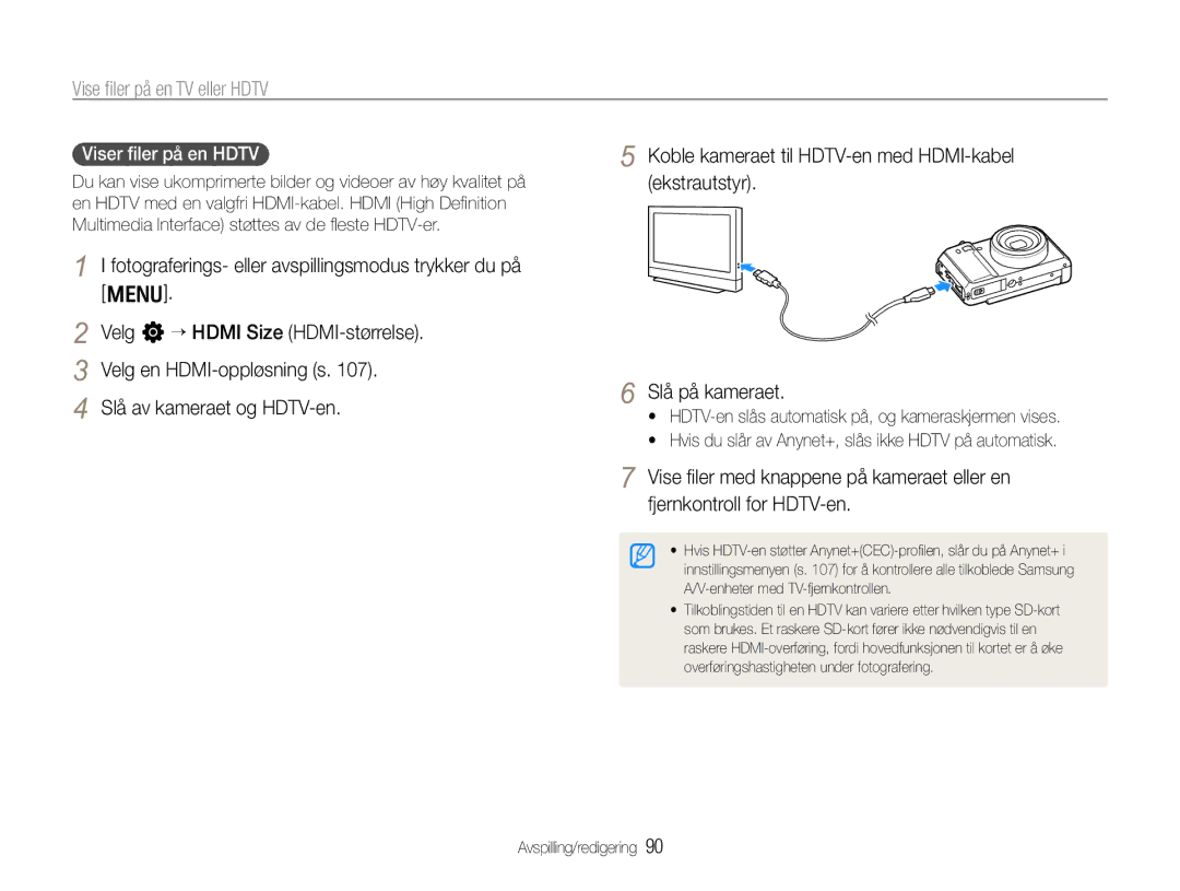 Samsung EC-EX1ZZZFPBE2, EC-EX1ZZZBPBE2 manual Vise ﬁler på en TV eller Hdtv, Viser ﬁler på en Hdtv 