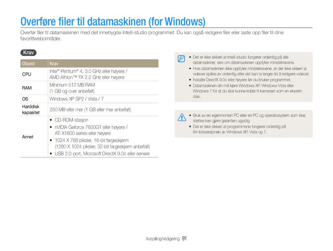 Samsung EC-EX1ZZZBPBE2, EC-EX1ZZZFPBE2 manual Overføre ﬁler til datamaskinen for Windows, Objekt Krav 