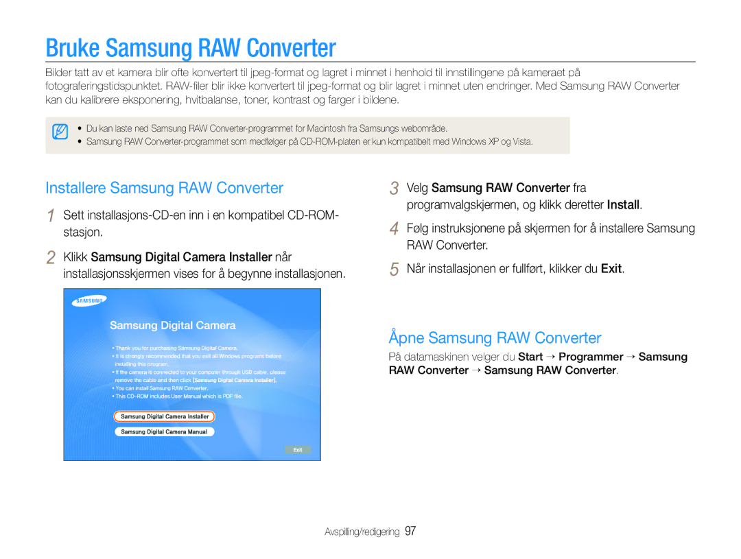 Samsung EC-EX1ZZZBPBE2 manual Bruke Samsung RAW Converter, Installere Samsung RAW Converter, Åpne Samsung RAW Converter 