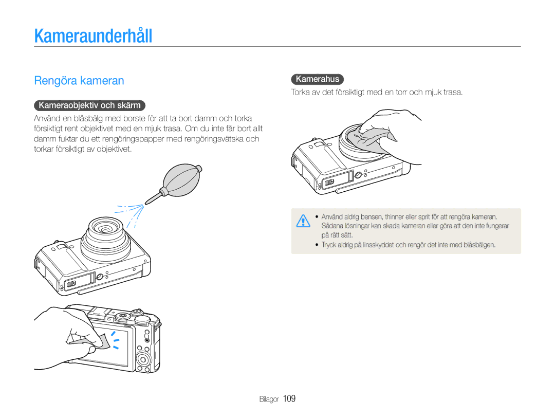 Samsung EC-EX1ZZZBPBE2, EC-EX1ZZZFPBE2 manual Kameraunderhåll, Rengöra kameran, Kameraobjektiv och skärm, Kamerahus 