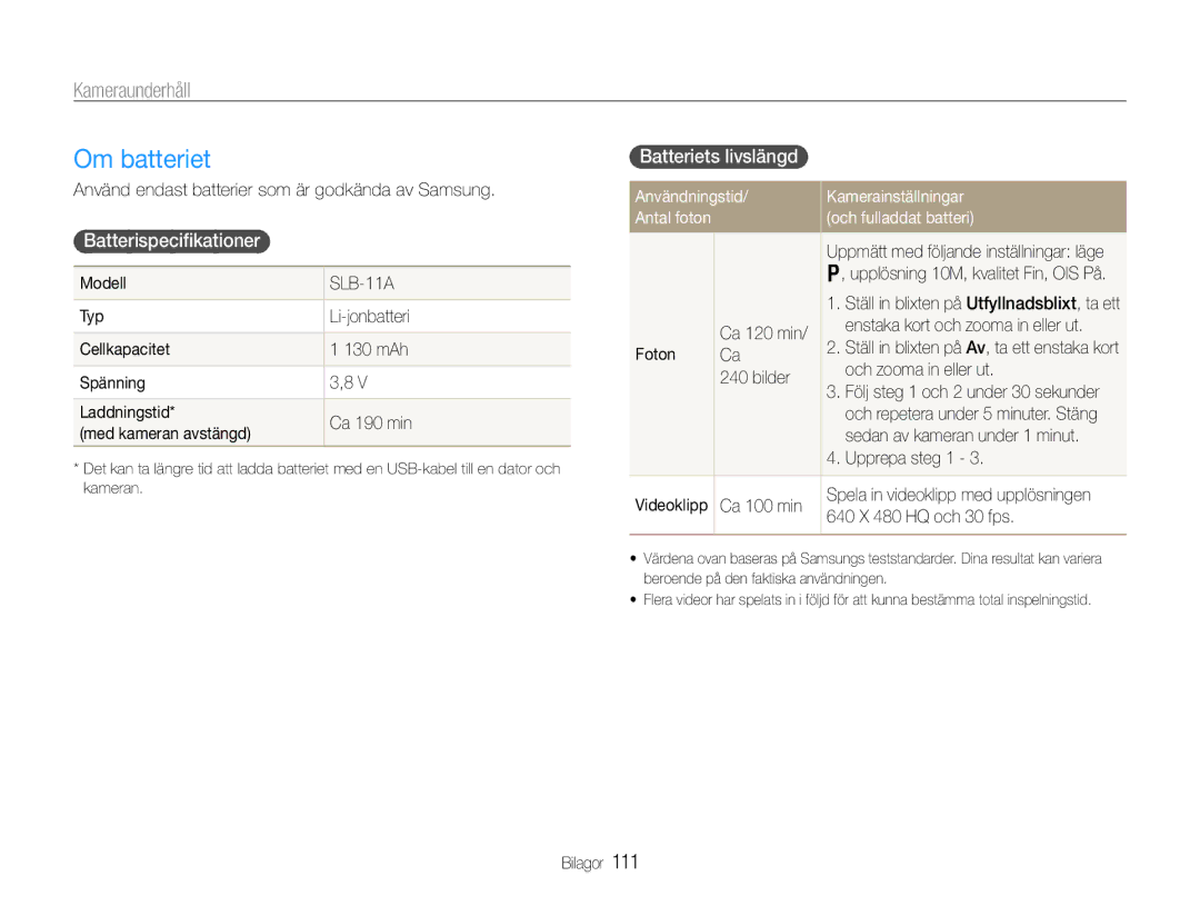 Samsung EC-EX1ZZZBPBE2 manual Om batteriet, Batterispeciﬁkationer, Batteriets livslängd, Användningstid Kamerainställningar 