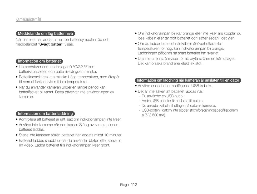 Samsung EC-EX1ZZZFPBE2 manual Meddelande om låg batterinivå, Information om batteriet, Information om batteriladdning 