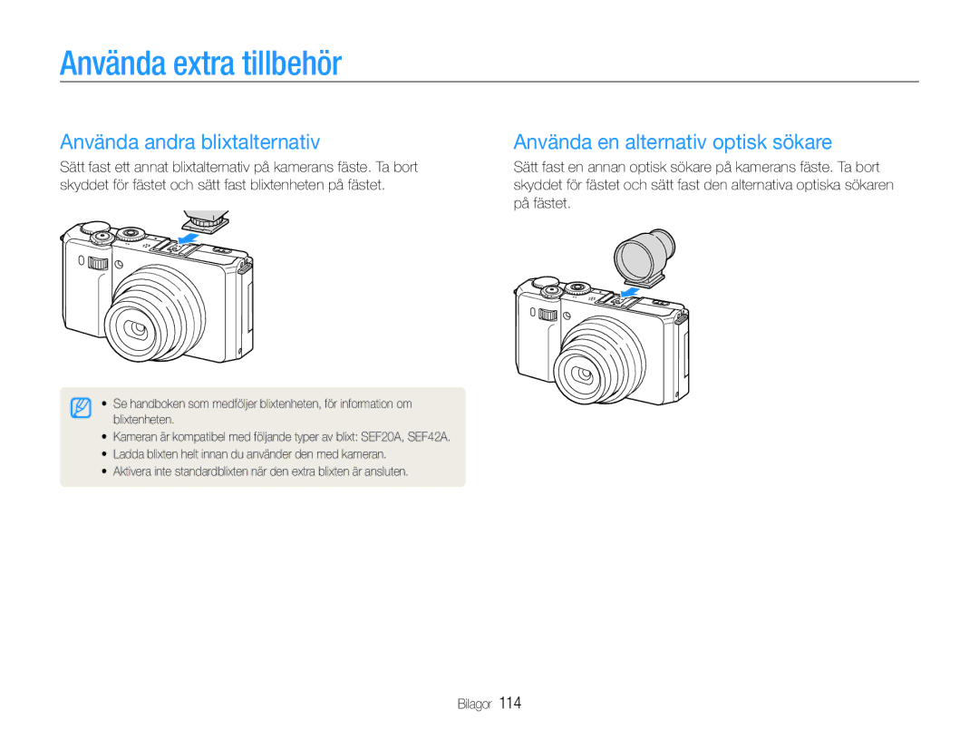 Samsung EC-EX1ZZZFPBE2 manual Använda extra tillbehör, Använda andra blixtalternativ, Använda en alternativ optisk sökare 