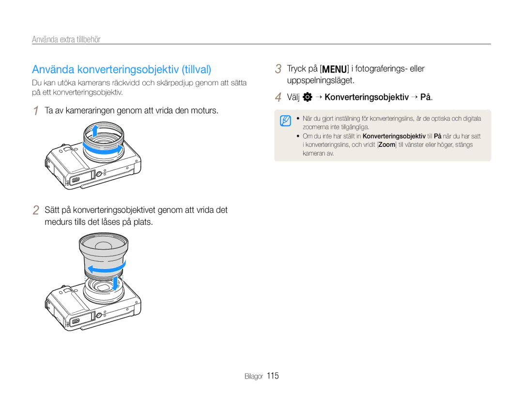 Samsung EC-EX1ZZZBPBE2, EC-EX1ZZZFPBE2 manual Använda konverteringsobjektiv tillval, Använda extra tillbehör 