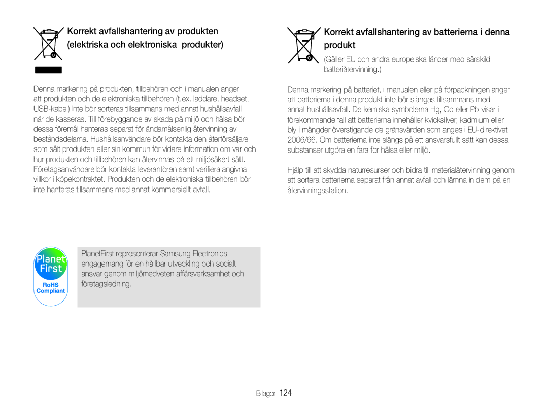 Samsung EC-EX1ZZZFPBE2, EC-EX1ZZZBPBE2 manual Korrekt avfallshantering av batterierna i denna produkt 