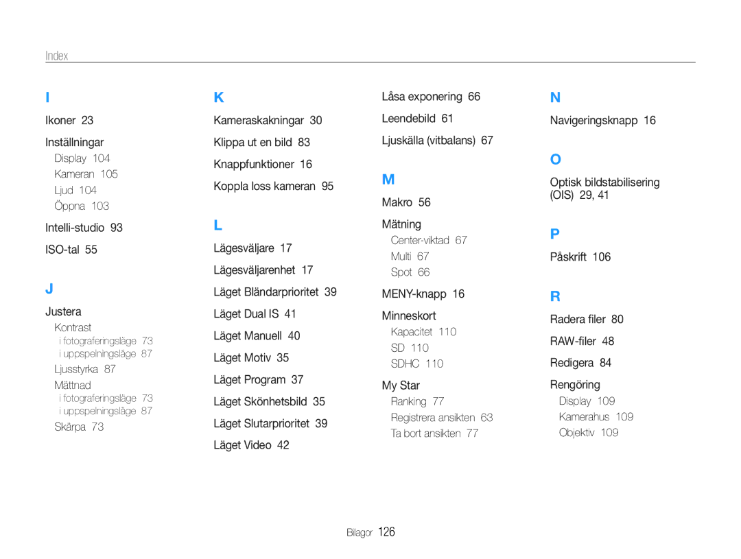 Samsung EC-EX1ZZZFPBE2, EC-EX1ZZZBPBE2 manual Index 