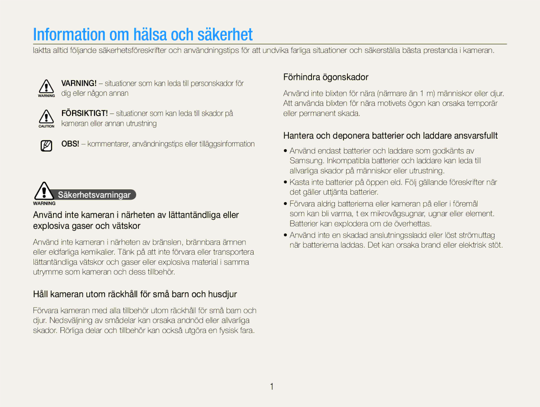 Samsung EC-EX1ZZZBPBE2 Förhindra ögonskador, Hantera och deponera batterier och laddare ansvarsfullt, Säkerhetsvarningar 