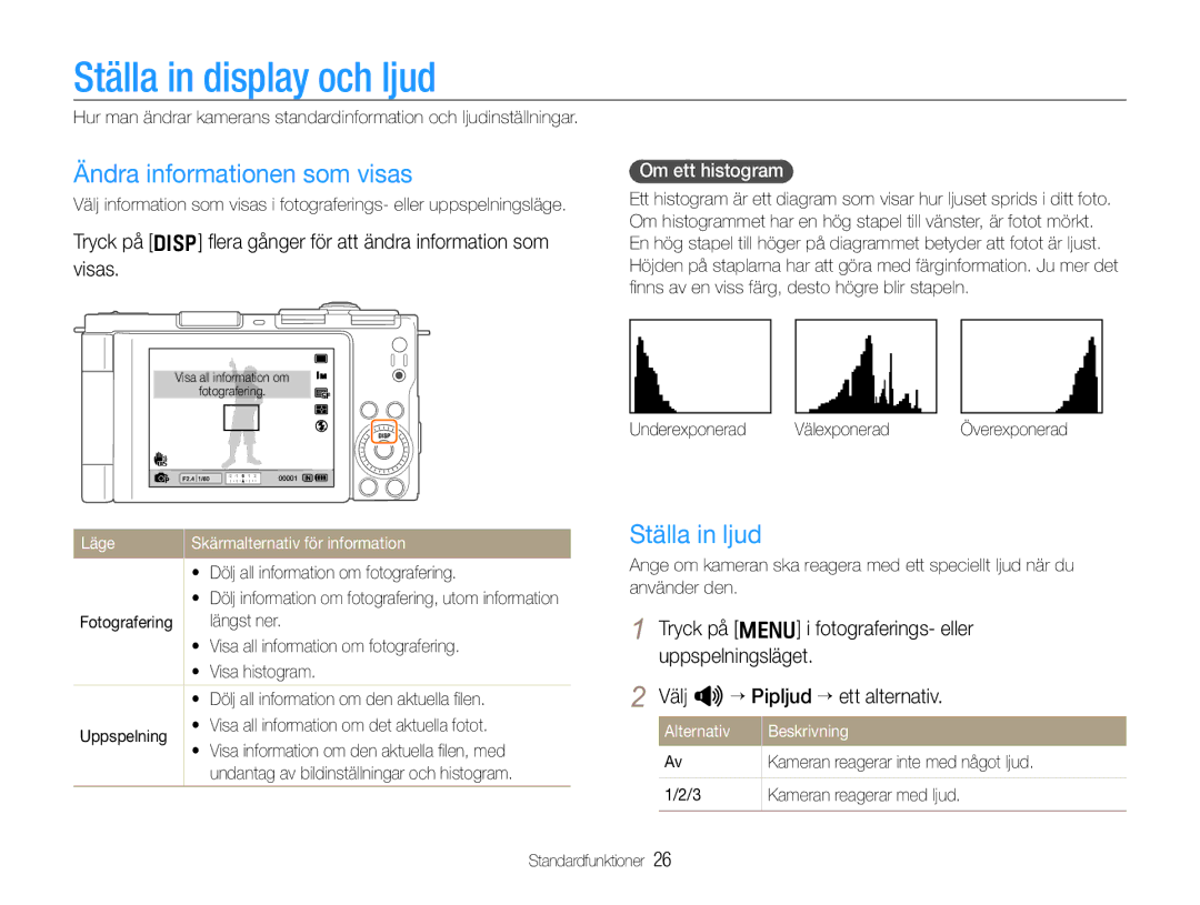 Samsung EC-EX1ZZZFPBE2 manual Ställa in display och ljud, Ändra informationen som visas, Ställa in ljud, Om ett histogram 