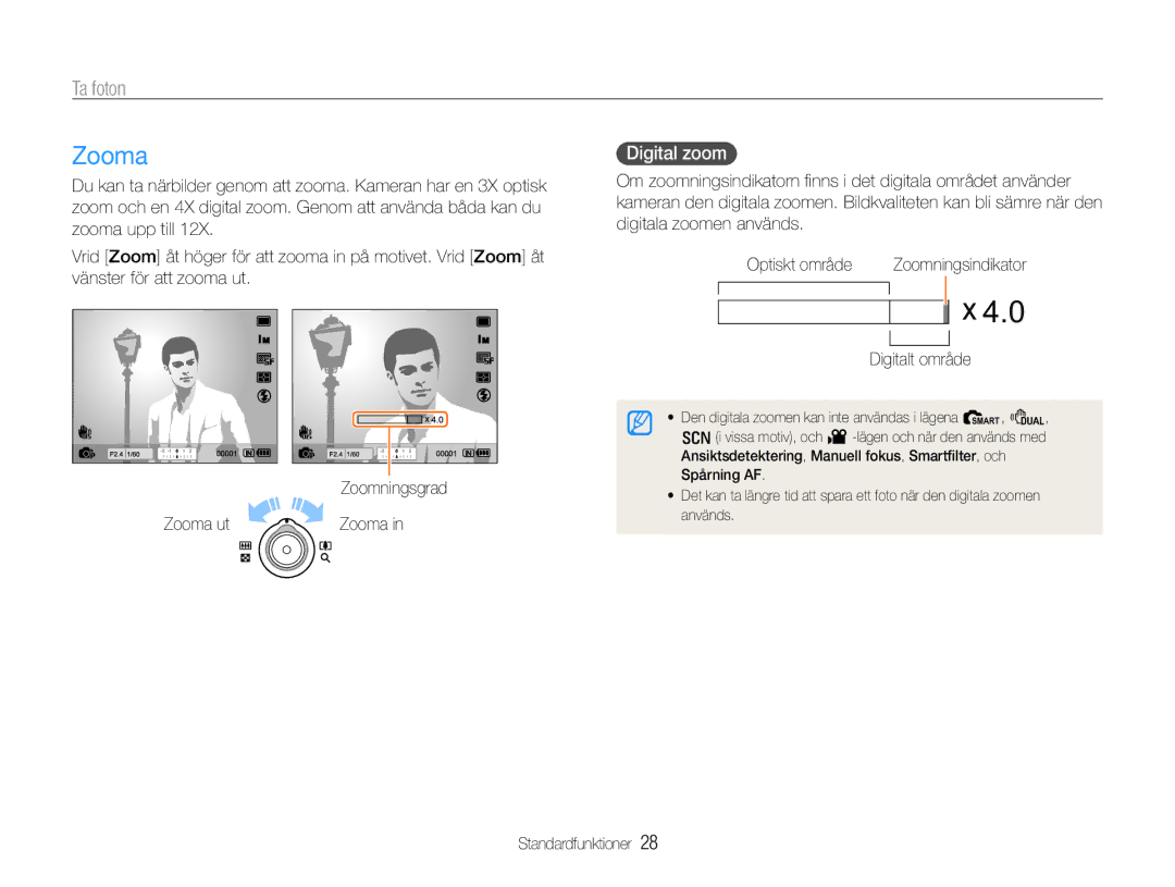 Samsung EC-EX1ZZZFPBE2, EC-EX1ZZZBPBE2 manual Zooma, Ta foton, Digital zoom, Digitalt område 