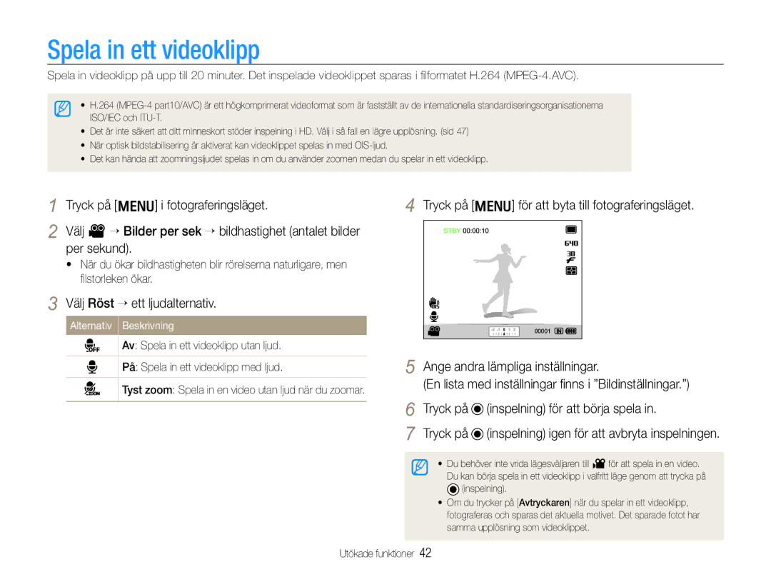 Samsung EC-EX1ZZZFPBE2 Spela in ett videoklipp, Välj Röst ““ett ljudalternativ, Tryck på Inspelning för att börja spela 