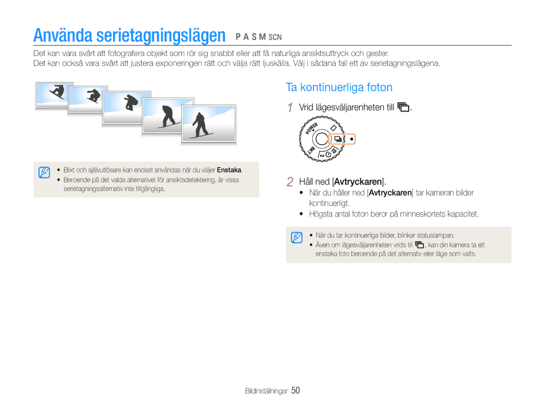 Samsung EC-EX1ZZZFPBE2, EC-EX1ZZZBPBE2 manual Använda serietagningslägen p a S M s, Ta kontinuerliga foton 