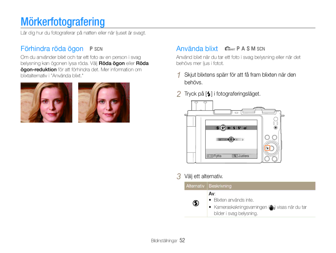 Samsung EC-EX1ZZZFPBE2 manual Mörkerfotografering, Förhindra röda ögon p s, Använda blixt t p a S M s, Välj ett alternativ 