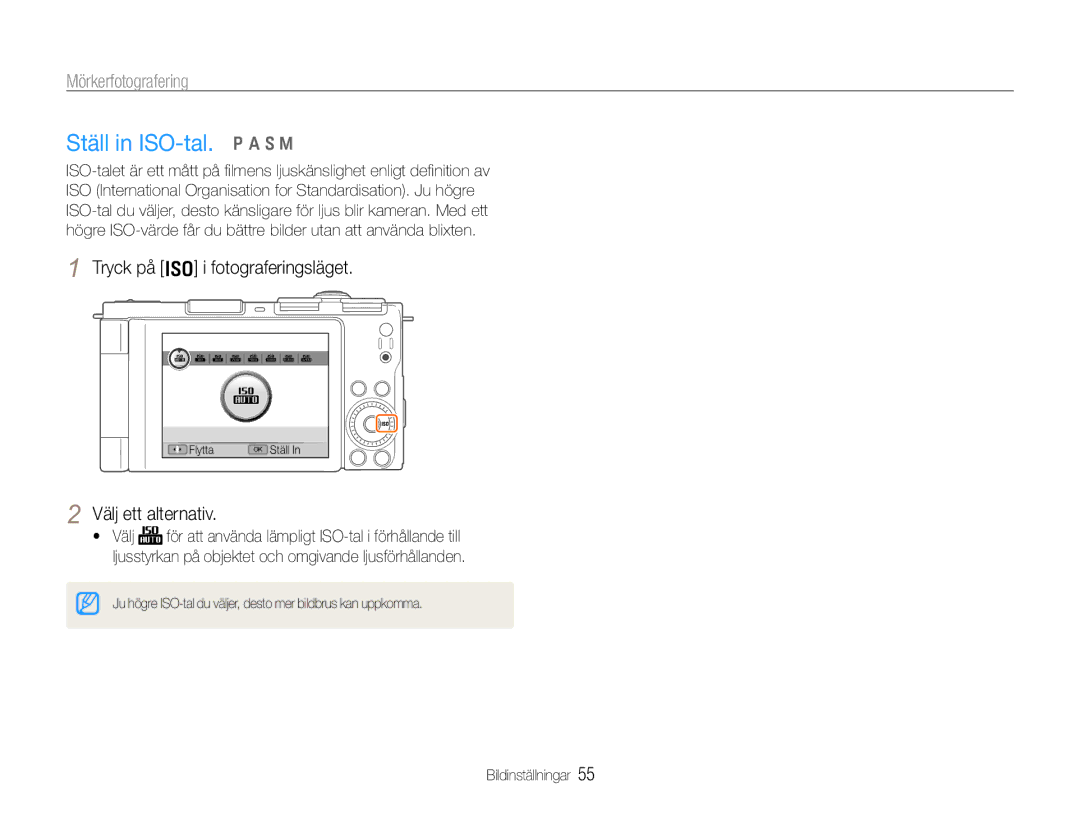 Samsung EC-EX1ZZZBPBE2, EC-EX1ZZZFPBE2 manual Ställ in ISO-tal. p a S M, Tryck på I i fotograferingsläget 