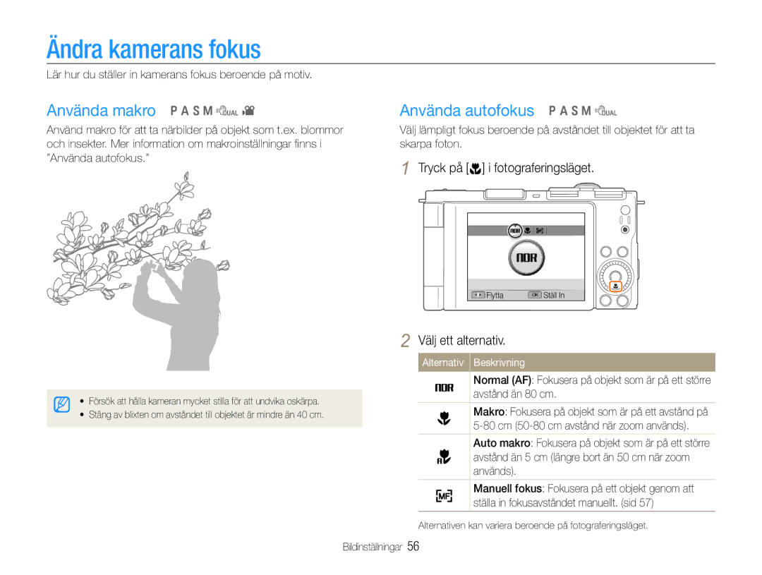 Samsung EC-EX1ZZZFPBE2, EC-EX1ZZZBPBE2 manual Ändra kamerans fokus, Använda makro p a S M d, Använda autofokus p a S M d 