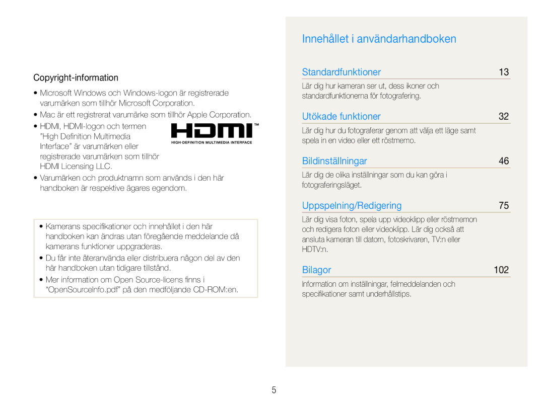 Samsung EC-EX1ZZZBPBE2 Innehållet i användarhandboken, Copyright-information, 102, Spela in en video eller ett röstmemo 