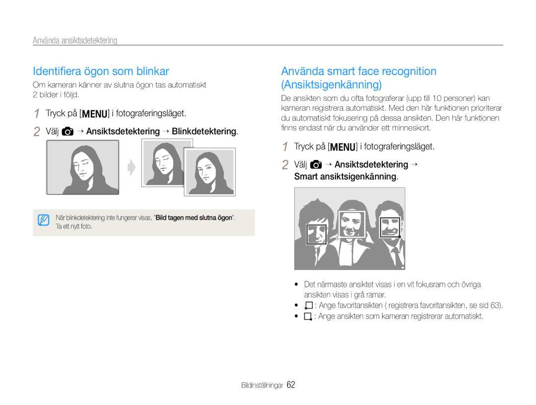 Samsung EC-EX1ZZZFPBE2, EC-EX1ZZZBPBE2 manual Identiﬁera ögon som blinkar, Använda smart face recognition Ansiktsigenkänning 