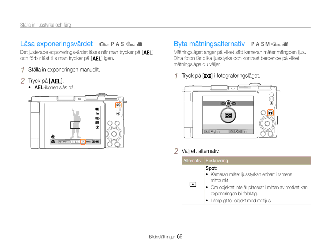 Samsung EC-EX1ZZZFPBE2 Låsa exponeringsvärdet t p a S d, Byta mätningsalternativ p a S M d, Ställa in ljusstyrka och färg 