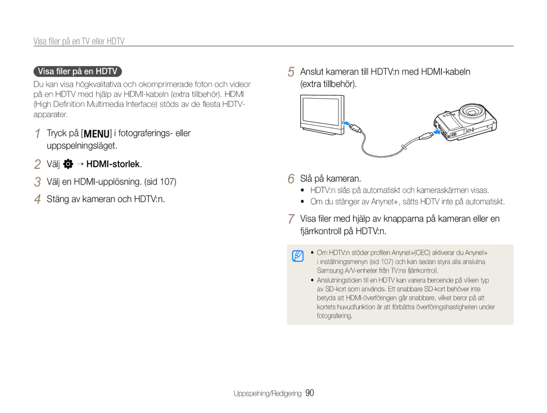 Samsung EC-EX1ZZZFPBE2, EC-EX1ZZZBPBE2 manual Visa ﬁler på en TV eller Hdtv, Visa ﬁler på en Hdtv 