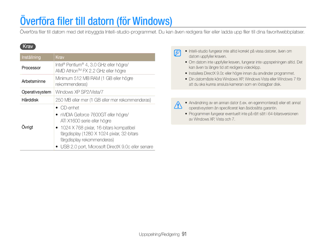 Samsung EC-EX1ZZZBPBE2, EC-EX1ZZZFPBE2 manual Överföra ﬁler till datorn för Windows, Inställning Krav 