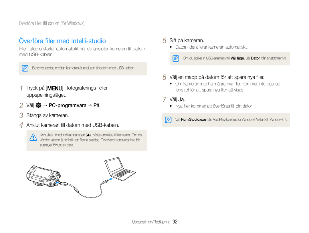 Samsung EC-EX1ZZZFPBE2, EC-EX1ZZZBPBE2 manual Överföra ﬁler med Intelli-studio, Överföra ﬁler till datorn för Windows 