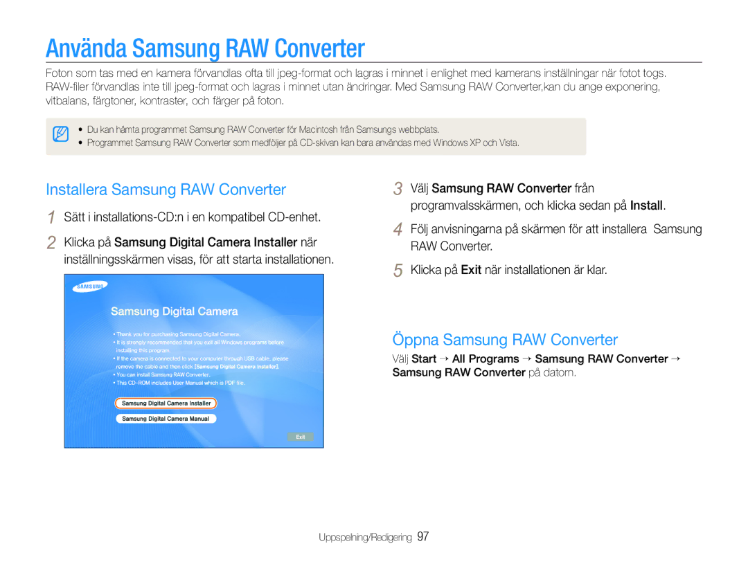 Samsung EC-EX1ZZZBPBE2 manual Använda Samsung RAW Converter, Installera Samsung RAW Converter, Öppna Samsung RAW Converter 