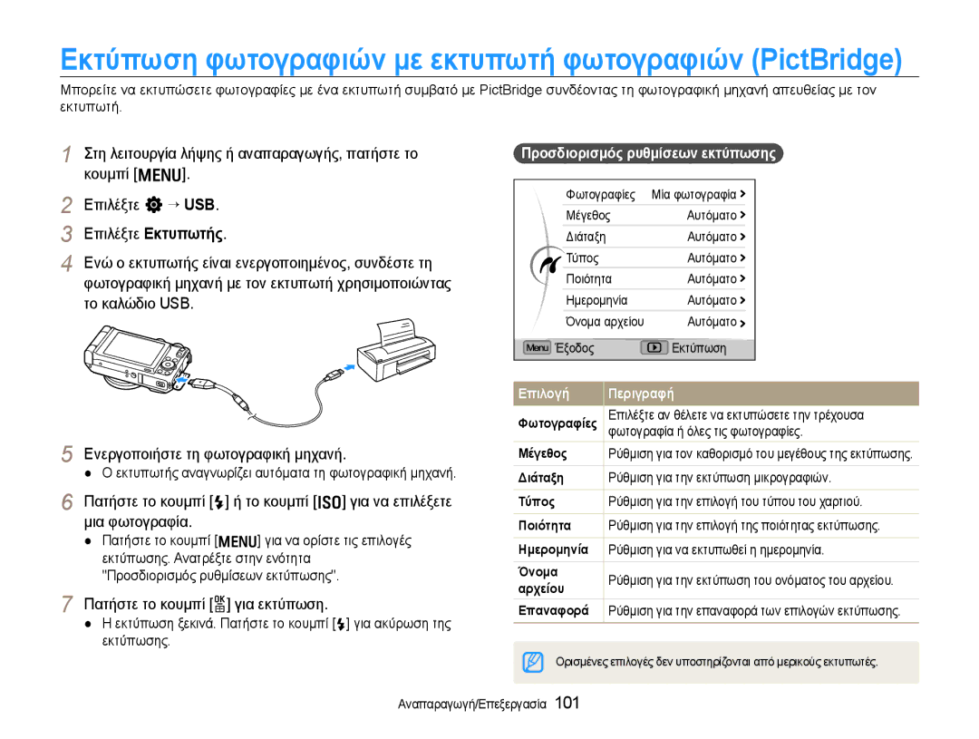 Samsung EC-EX1ZZZBPBE3 Στη λειτουργία λήψης ή αναπαραγωγής, πατήστε το, Κουμπί m Επιλέξτε n “ USB, Επιλέξτε Εκτυπωτής 